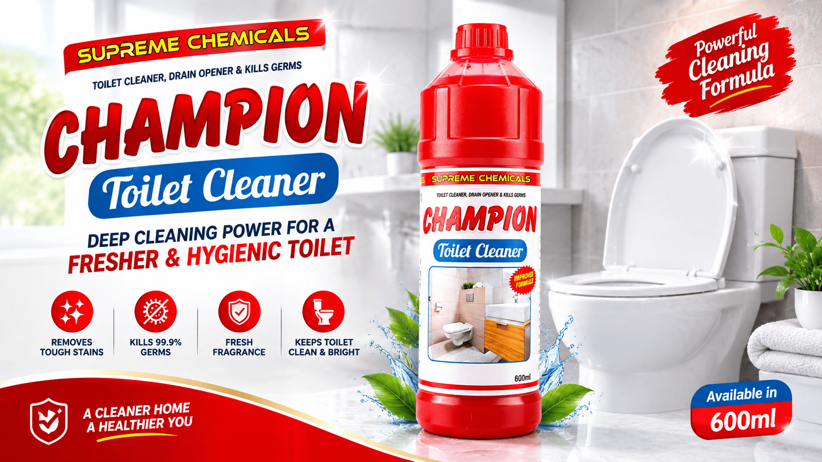 Champion Toilet Cleaner 600ml bottle by Supreme Chemicals Okara displayed in a modern bathroom next to a white toilet, with icons for stain removal, germ killing, fresh fragrance, and toilet brightness.