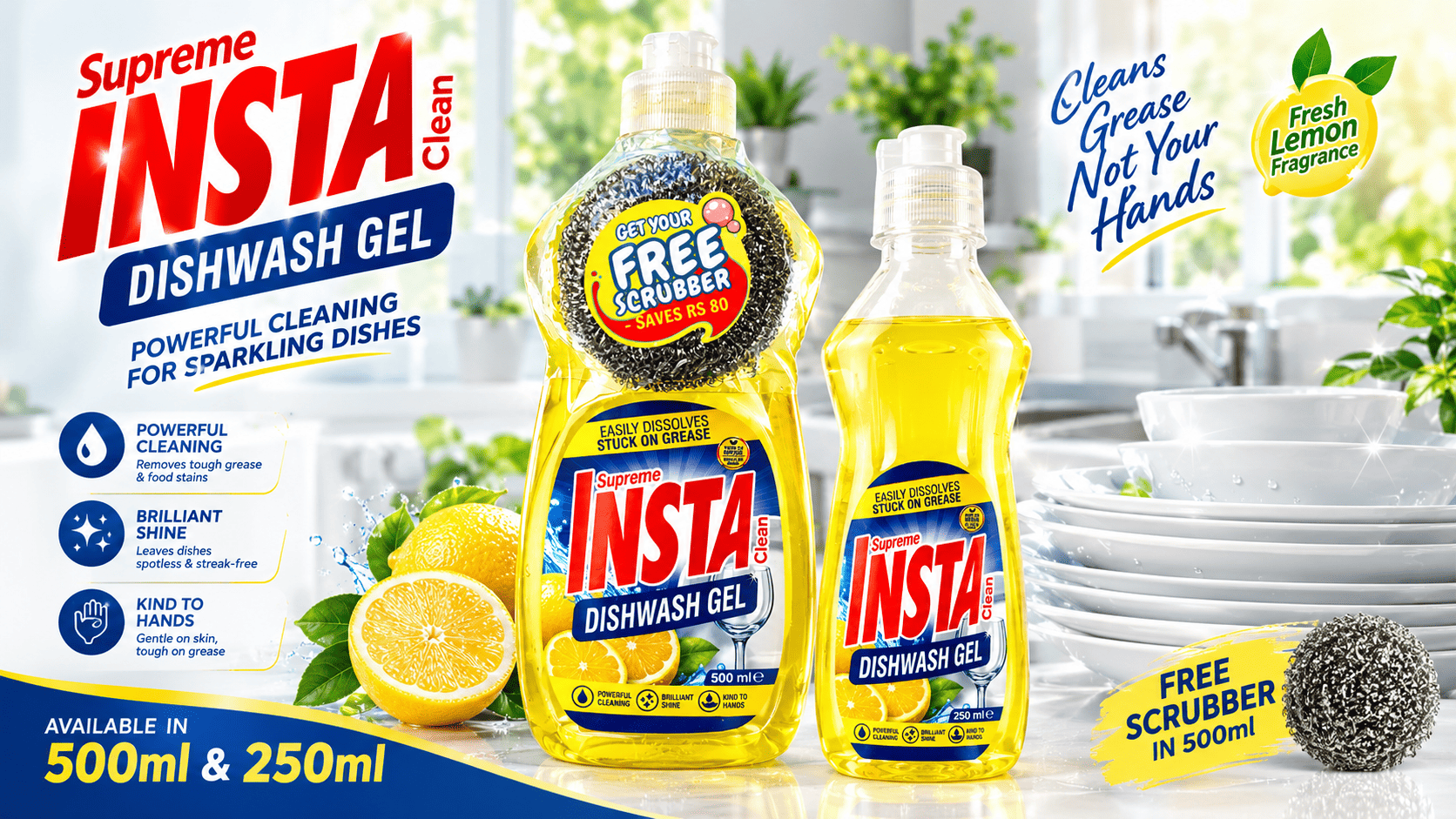 Supreme Insta Clean Dishwash Gel 500ml and 250ml bottles with free stainless steel scrubber — best dishwash in Okara by Supreme Chemicals